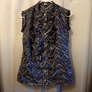 Nwt Chevron Print Ruffle front Sleeveless Tank Top Blouse S Navy Blue Multi Mock